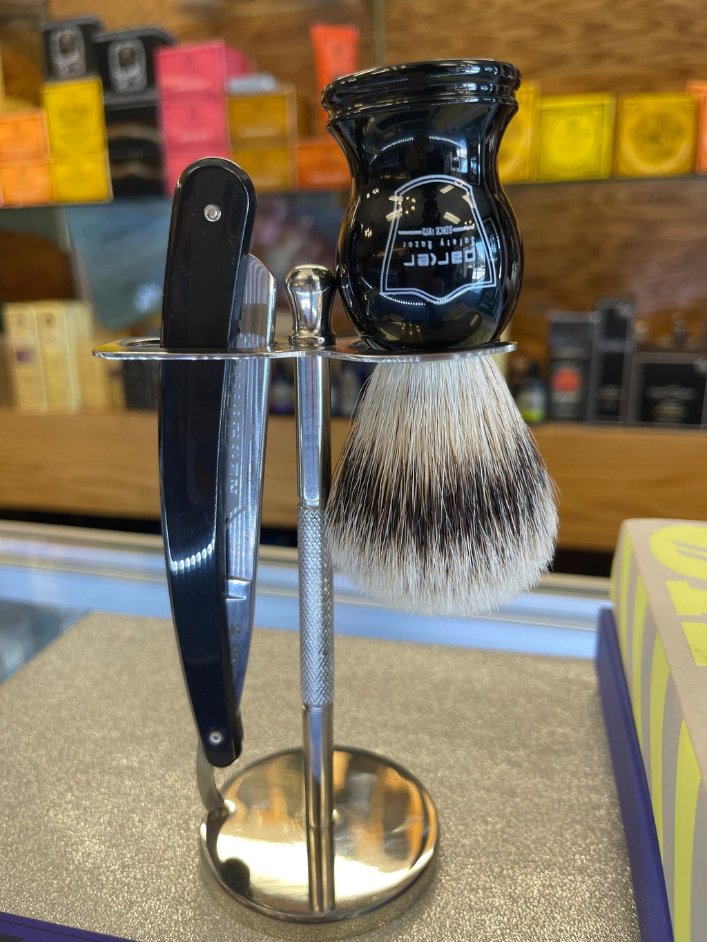 Dovo Straight Blade Razor w/ Parker Silver Tip Brush and stand Set - Larry's Shaver Shoppe