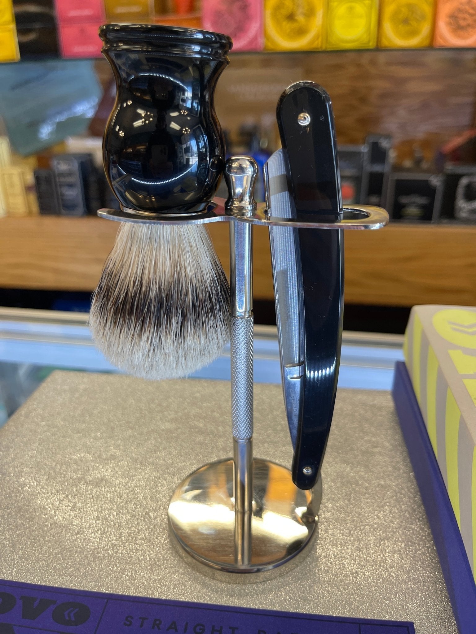 Dovo Straight Blade Razor w/ Parker Silver Tip Brush and stand Set - Larry's Shaver Shoppe