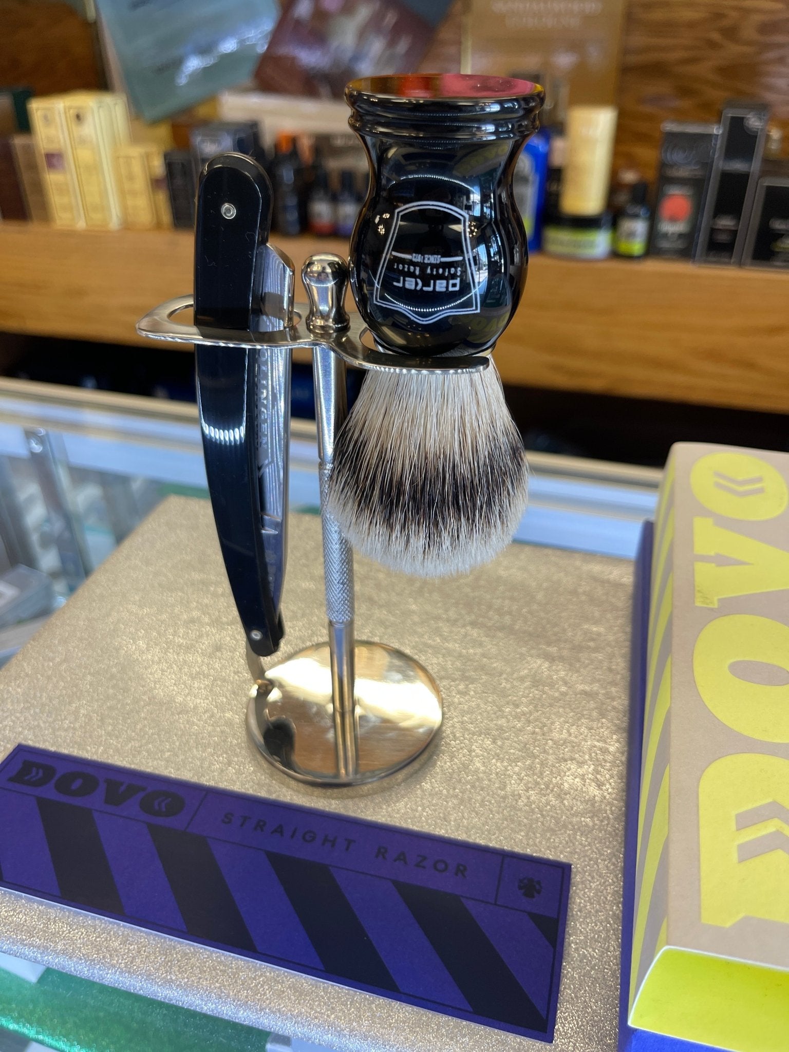 Dovo Straight Blade Razor w/ Parker Silver Tip Brush and stand Set - Larry's Shaver Shoppe