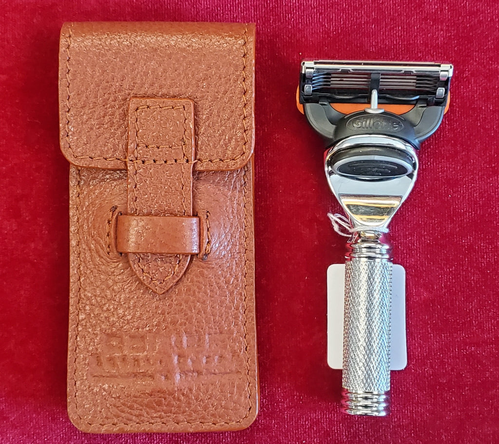 Parker Compact Travel Razor W/ Gillette Blade & Leather Case - Larry's Shaver Shoppe