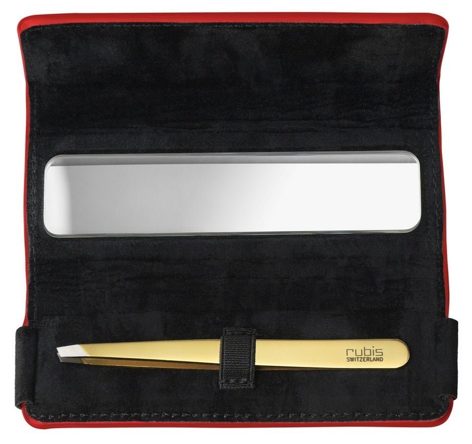 Rubis Switzerland Classic Slant Shiny Gold Tweezers w/ case - Larry's Shaver Shoppe